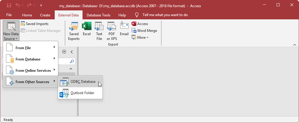 Select ODBC Database by expanding the New Data Source dropdown menu