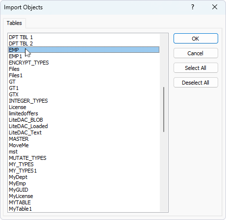 Select the tables for import