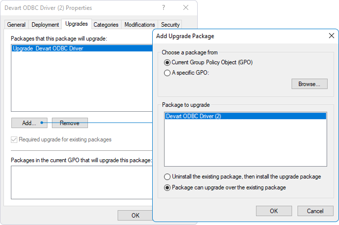 Properties dialog for the ODBC driver and Add Upgrade Package dialog with the option to upgrade over the existing package selected.