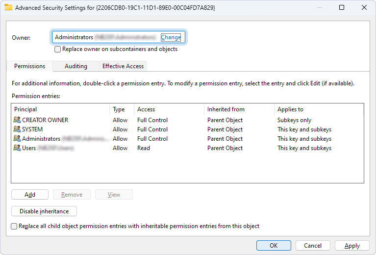 Advanced Security Settings for the key with Administrators set as the owner.