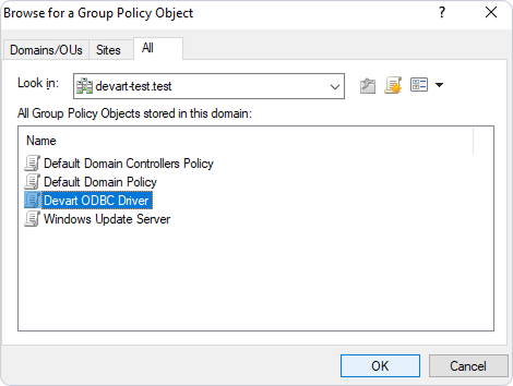 Browse for a Group Policy Object dialog with the driver policy selected.
