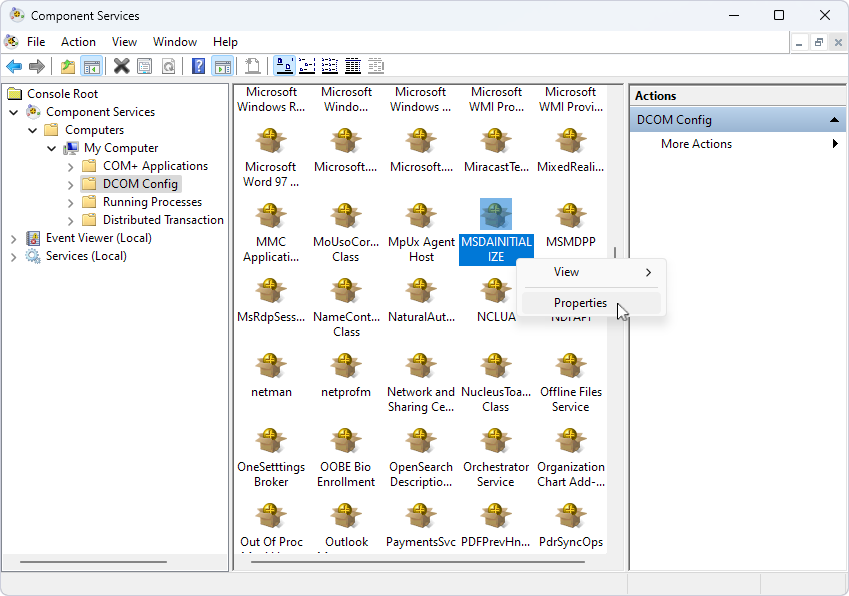 The Component Services windows with the highlighted MSDAINITIALIZE class and the shortcut menu.