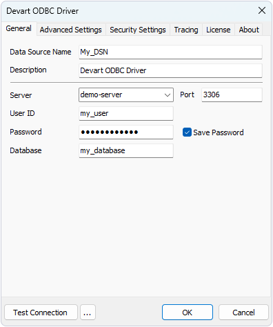 Devart ODBC Driver Configuration dialog with specified connection details