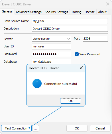 Test Connection button highlighted in the Devart ODBC Driver Configuration dialog and the Connection successful notification