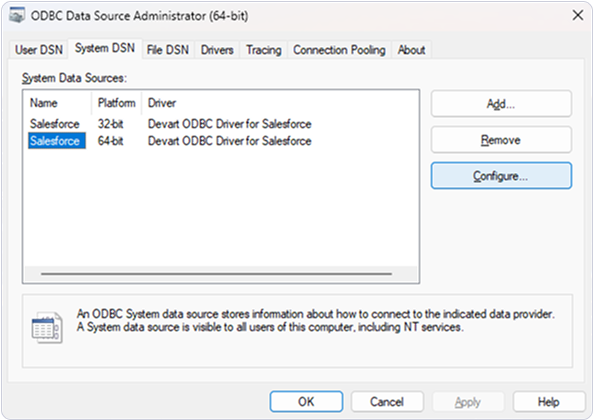 A selected DSN in ODBC Data Source Administrator