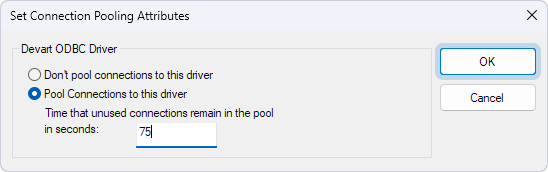 The Set Connection Pooling Attributes dialog in ODBC Data Source Administrator