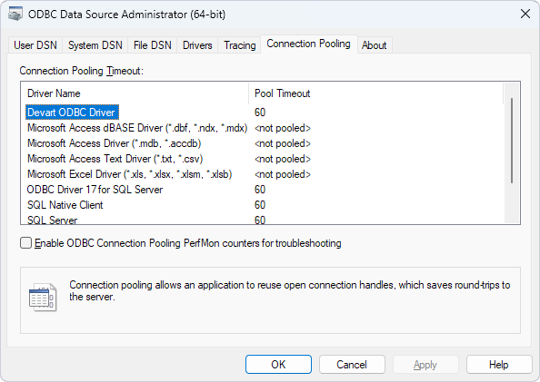 The Connection Pooling tab in ODBC Data Source Administrator