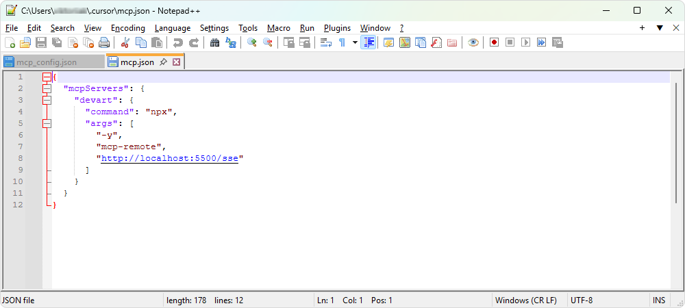 Notepad++ window showing `mcp.json` with MCP server and preferences settings in JSON format.