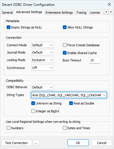 Select Ansi in Advanced Settings of the driver configuration dialog