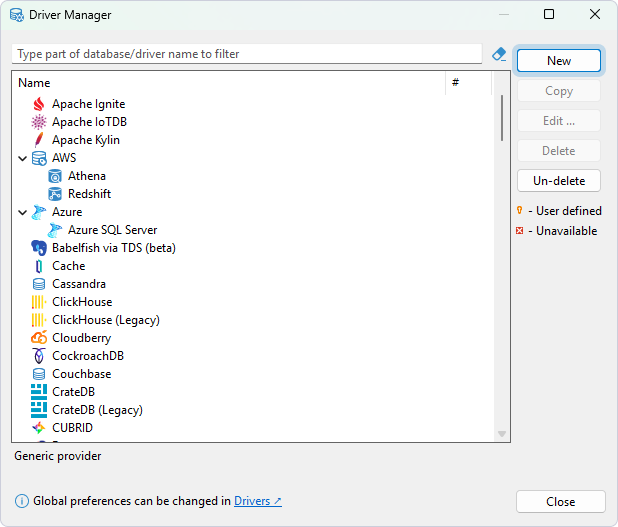 Select New in the Driver Manager dialog