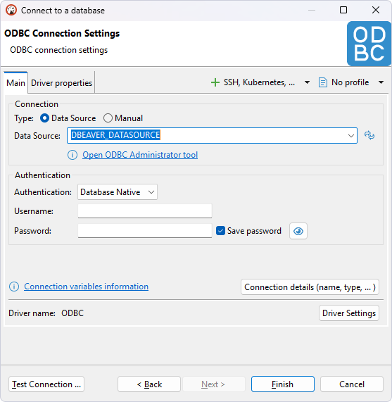 Enter the data source name in the ODBC Connection Settings