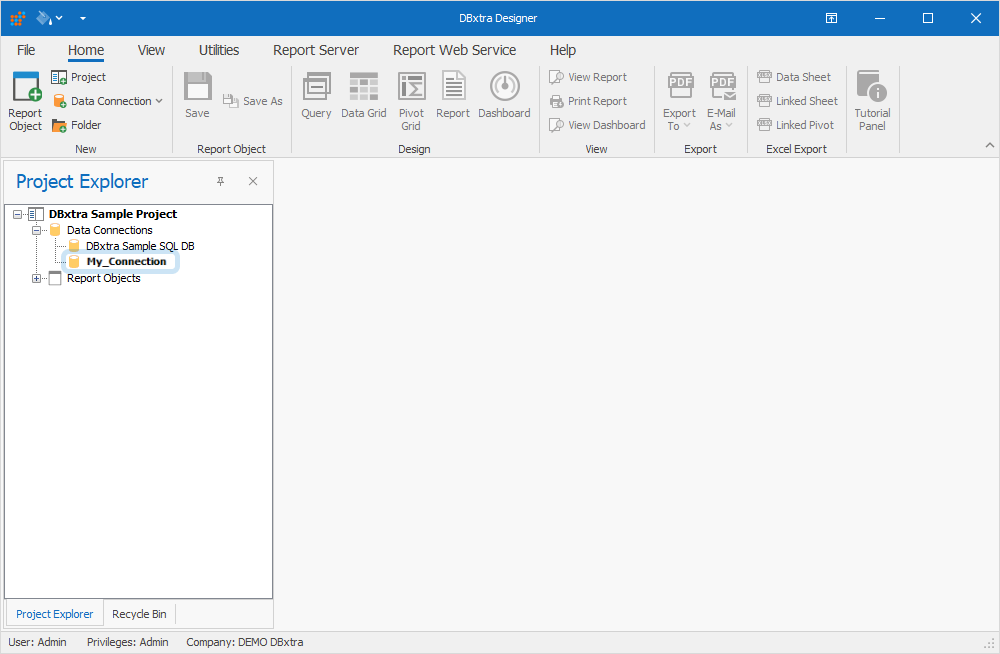 Project Explorer with the expanded Data Connections subfolder containing a new connection