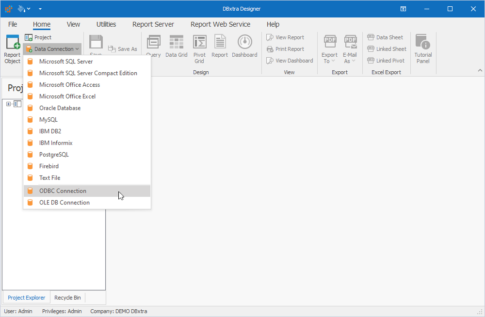 DBxtra Designer with the expanded Data Connection submenu