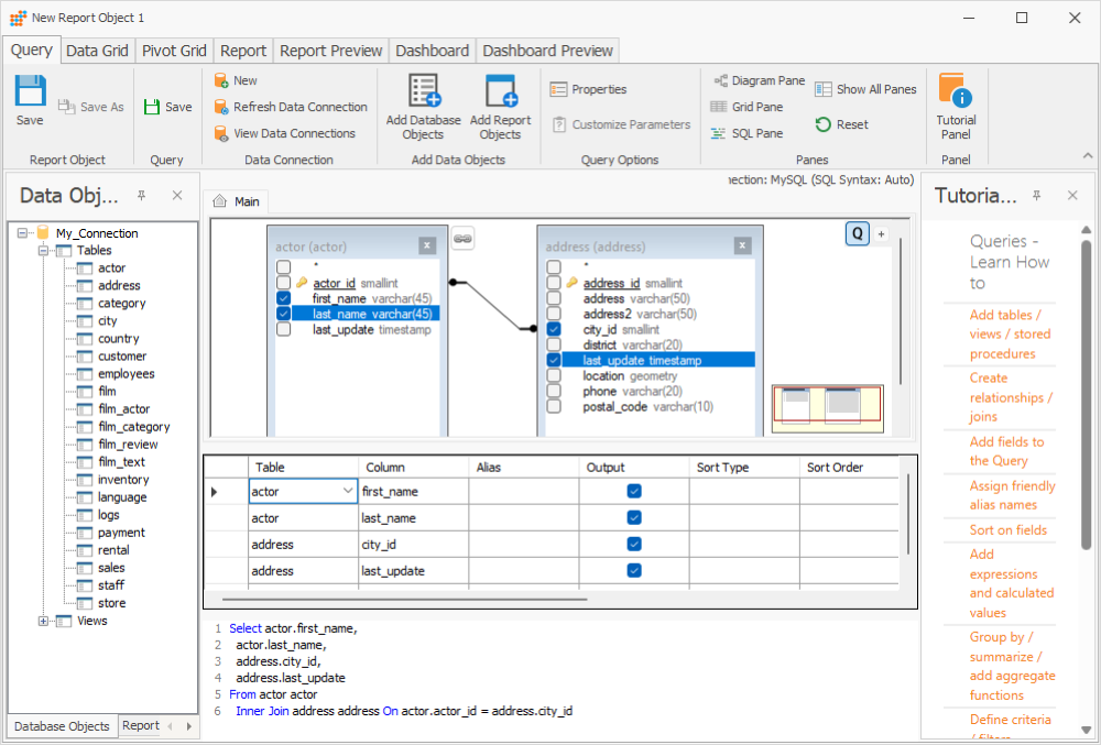 The Query tab of the New Report Object with selected tables and fields