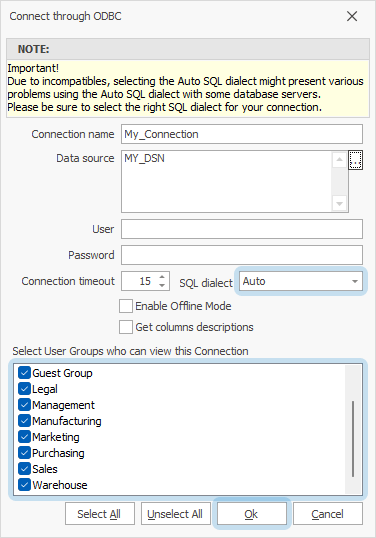 The Connect through ODBC dialog with filled out fields