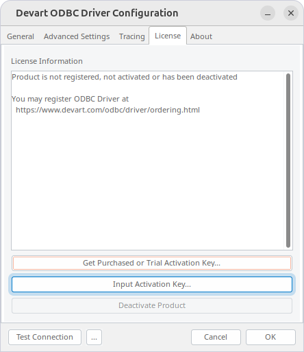 Input Activation Key button highlighted on the License tab in the Devart ODBC Driver Configuration dialog