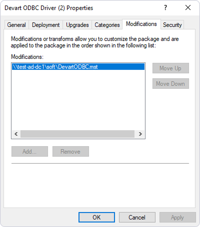 Properties dialog for the ODBC driver showing the Modifications tab with a modification file path listed.