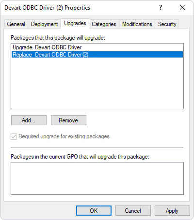 Properties dialog for the ODBC driver showing the Upgrades tab with two items listed: Upgrade and Replace.
