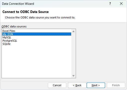 Choose the ODBC data source in the Data Connection Wizard