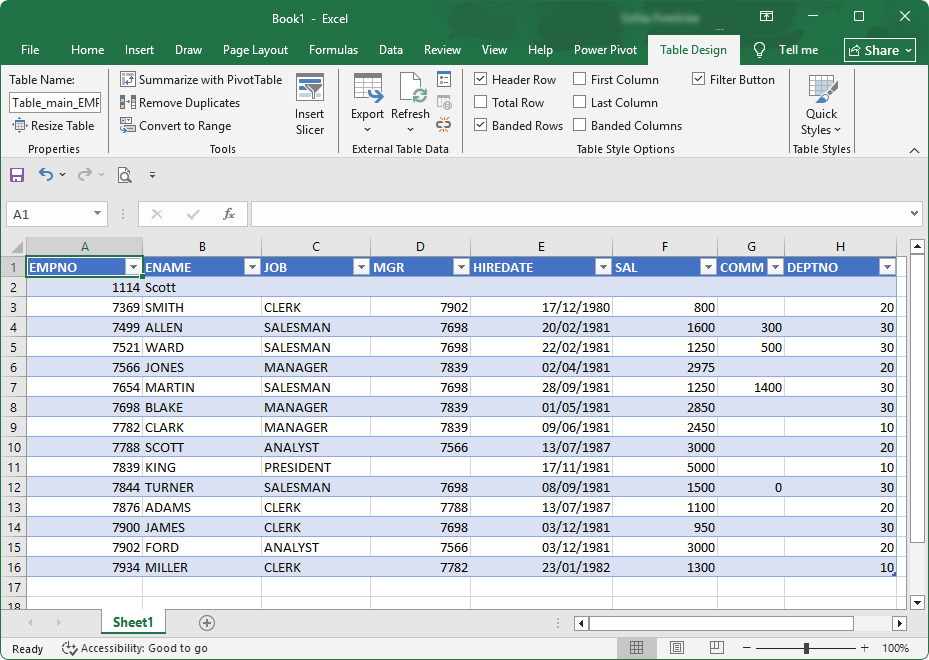 Retrieved table data in Excel
