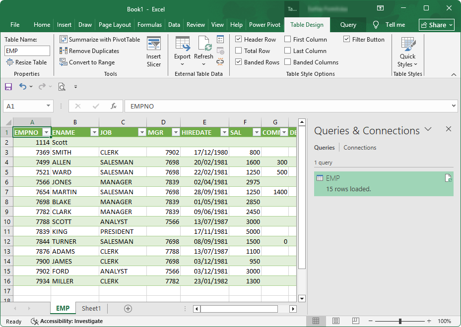 Retrieved table data in Excel