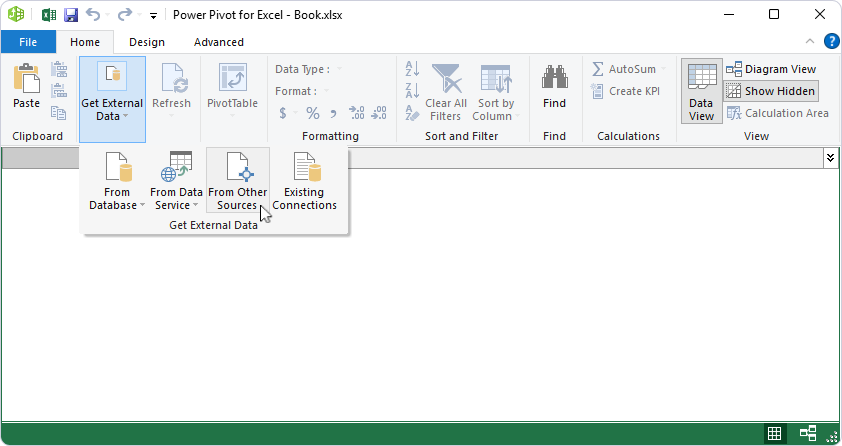 Select Get External Data > From Other Sources in Power Pivot