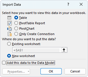 Import Data options for viewing data in the workbook