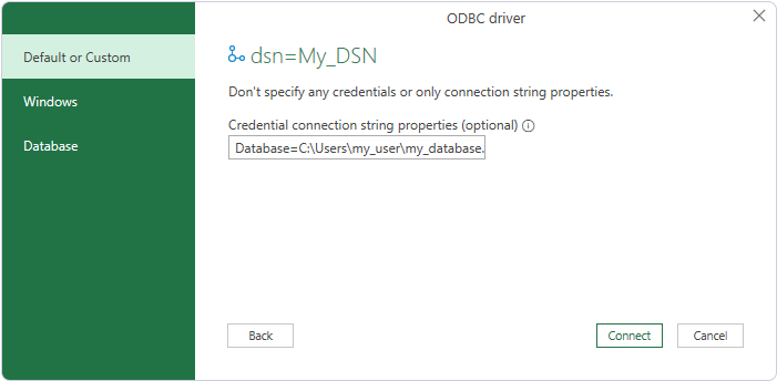 Enter connection string parameters in the ODBC driver dialog