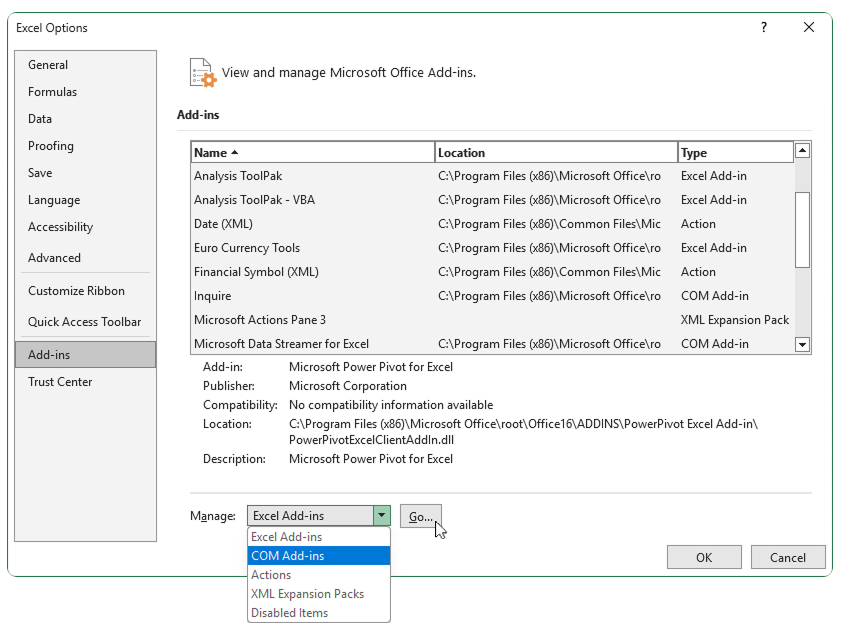 Select COM Add-ins in Excel Options