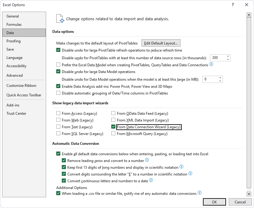 Select From Data Connection Wizard (Legacy) in Excel Options