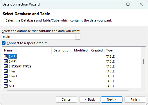 Select Database and Table page of the Data Connection Wizard
