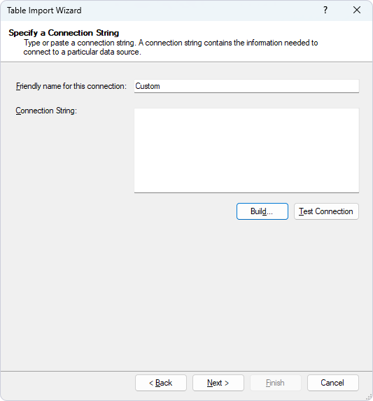 Specify a connection string in the Table Import Wizard
