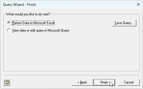 Select Return Data to Microsoft Excel