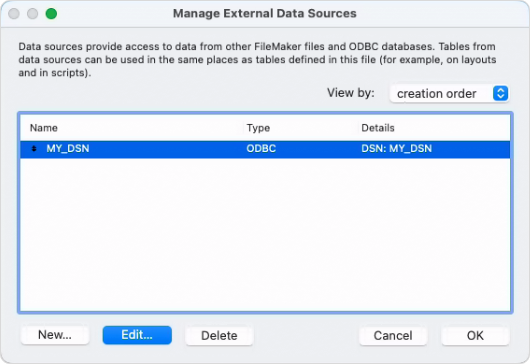 The Manage External Data Sources dialog with an added data source