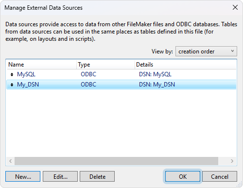 The Manage External Data Sources dialog with an added data source
