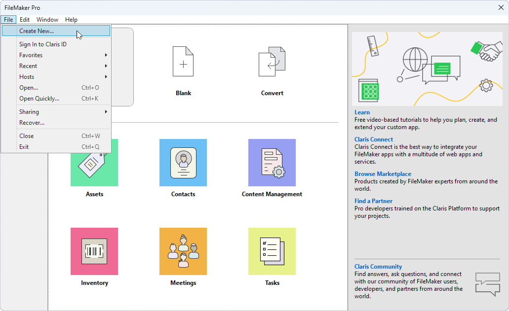 The extended File menu in FileMaker Pro