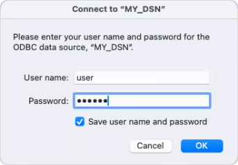 The Connect dialog asking for DSN credentials