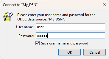 The Connect dialog asking for DSN credentials