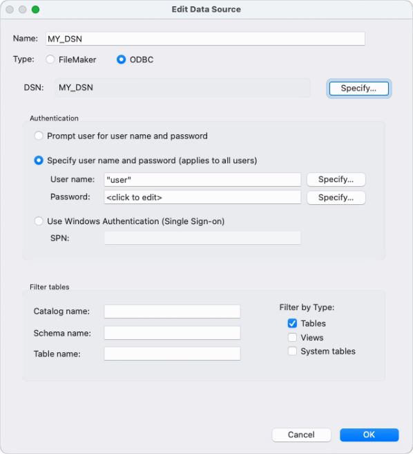 The Edit Data Source dialog with specified data source details