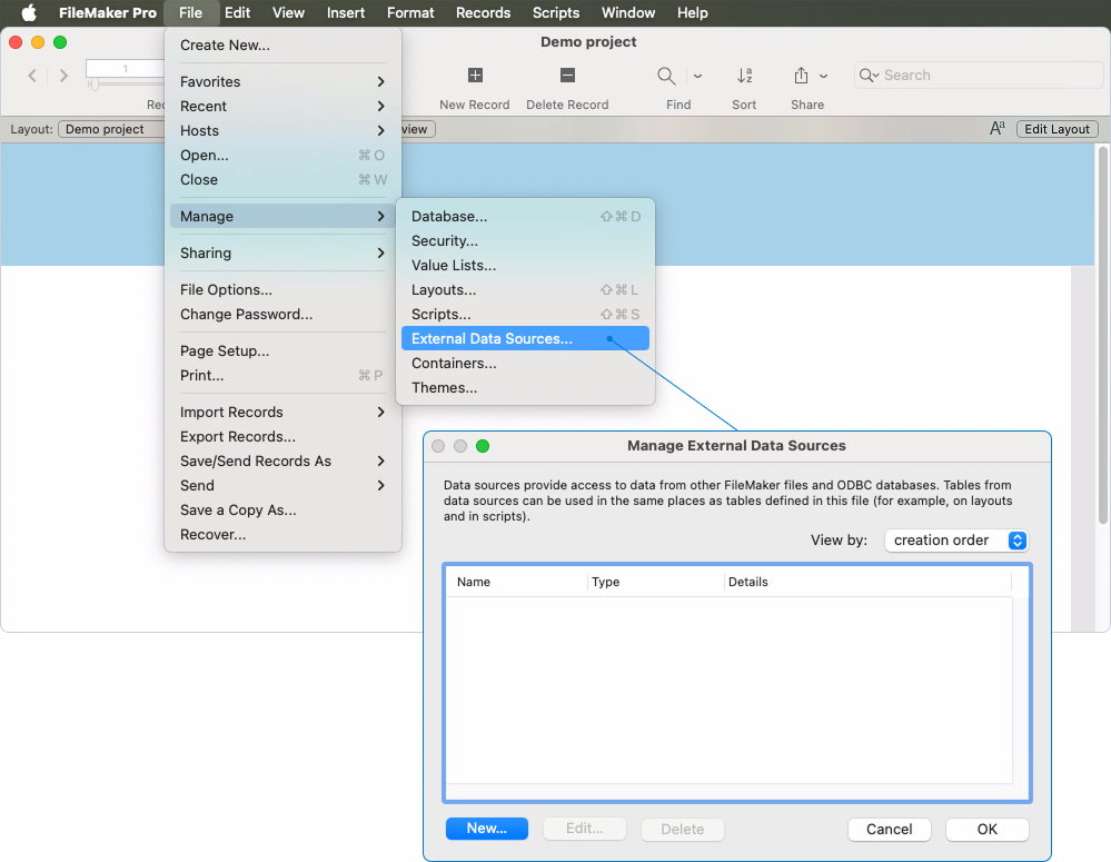 The extended File menu and Manage submenu and the Manage External Data Sources dialog