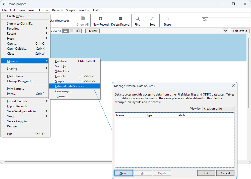 The extended File menu and Manage submenu and the Manage External Data Sources dialog