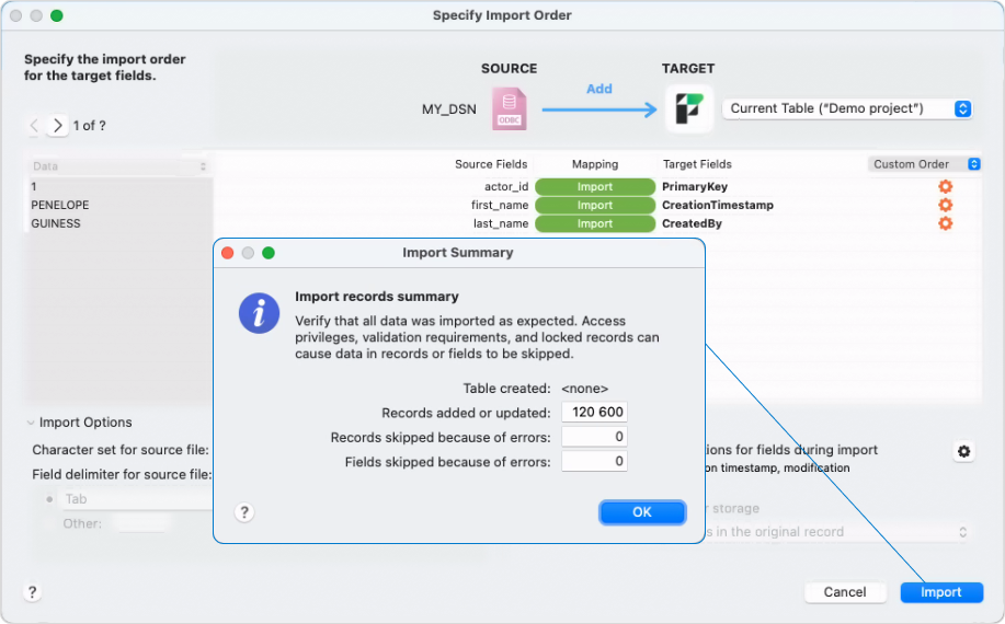 The Specify Import Order dialog with mapped fields and the Import Summary