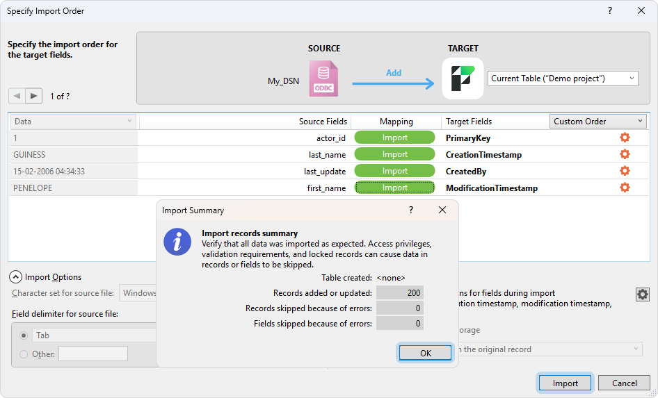 The Specify Import Order dialog with mapped fields and the Import Summary