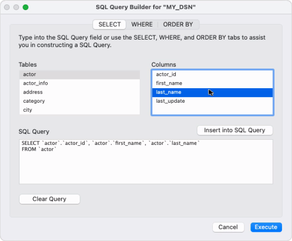 The SQL Query Builder dialog with selected columns and generated SQL query