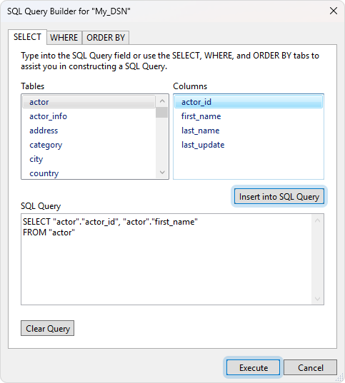 The SQL Query Builder dialog with selected columns and generated SQL query