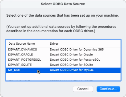 The Select ODBC Data Source dialog