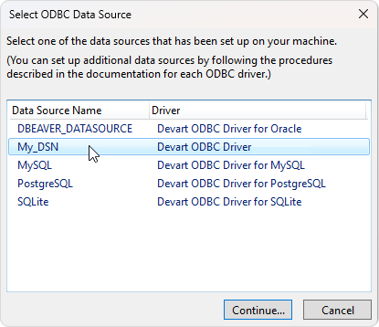 The Select ODBC Data Source dialog