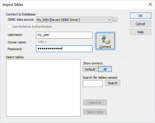 The Import Tables dialog with a selected data source and entered credentials