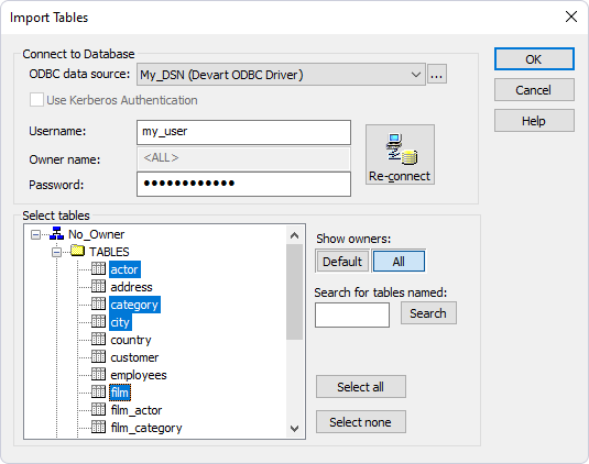 The Import Tables dialog with selected tables