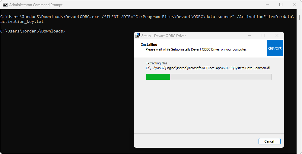 Command Prompt showing the command for silent installation and activation using a file, and the ODBC driver installer window.